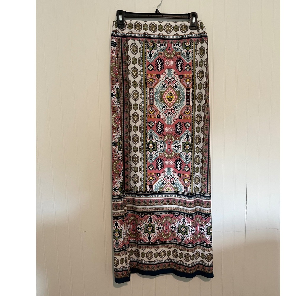 Coco Bianco Womens Pink Green Geometric Tile Print Maxi Skirt Side Slit Small